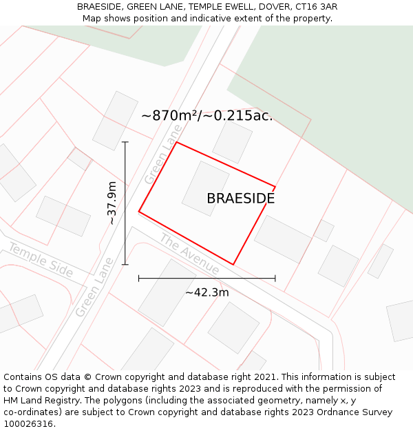 BRAESIDE, GREEN LANE, TEMPLE EWELL, DOVER, CT16 3AR: Plot and title map