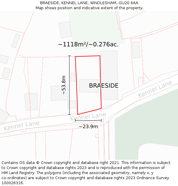 BRAESIDE, KENNEL LANE, WINDLESHAM, GU20 6AA: Plot and title map