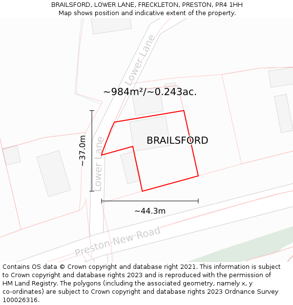 BRAILSFORD, LOWER LANE, FRECKLETON, PRESTON, PR4 1HH: Plot and title map