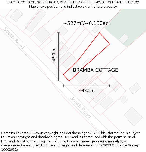 BRAMBA COTTAGE, SOUTH ROAD, WIVELSFIELD GREEN, HAYWARDS HEATH, RH17 7QS: Plot and title map