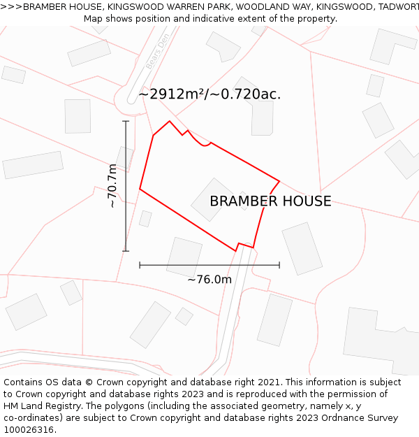 BRAMBER HOUSE, KINGSWOOD WARREN PARK, WOODLAND WAY, KINGSWOOD, TADWORTH, KT20 6AD: Plot and title map