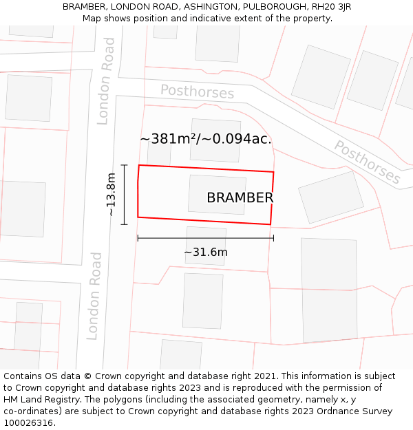 BRAMBER, LONDON ROAD, ASHINGTON, PULBOROUGH, RH20 3JR: Plot and title map