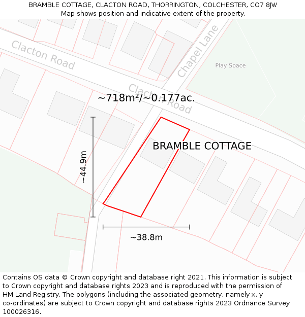 BRAMBLE COTTAGE, CLACTON ROAD, THORRINGTON, COLCHESTER, CO7 8JW: Plot and title map