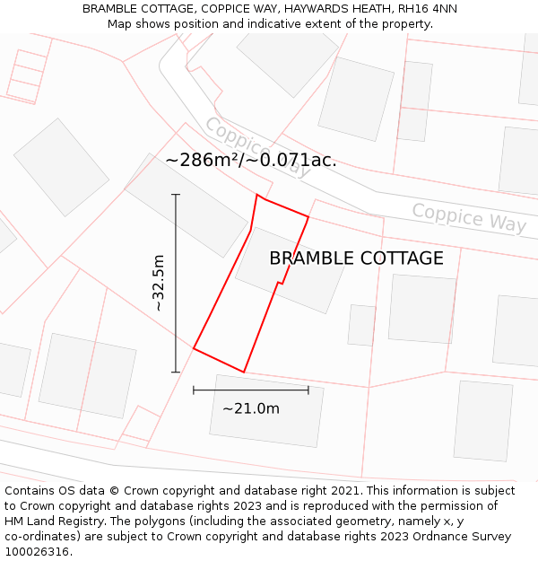 BRAMBLE COTTAGE, COPPICE WAY, HAYWARDS HEATH, RH16 4NN: Plot and title map