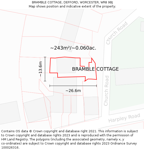 BRAMBLE COTTAGE, DEFFORD, WORCESTER, WR8 9BJ: Plot and title map