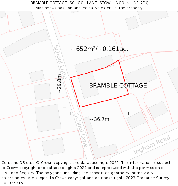 BRAMBLE COTTAGE, SCHOOL LANE, STOW, LINCOLN, LN1 2DQ: Plot and title map