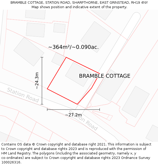 BRAMBLE COTTAGE, STATION ROAD, SHARPTHORNE, EAST GRINSTEAD, RH19 4NY: Plot and title map