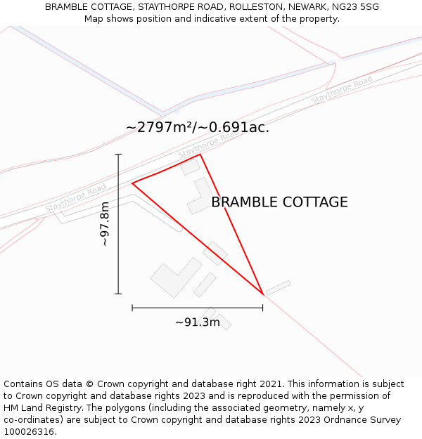 BRAMBLE COTTAGE, STAYTHORPE ROAD, ROLLESTON, NEWARK, NG23 5SG: Plot and title map