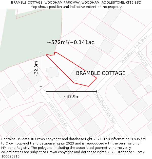 BRAMBLE COTTAGE, WOODHAM PARK WAY, WOODHAM, ADDLESTONE, KT15 3SD: Plot and title map