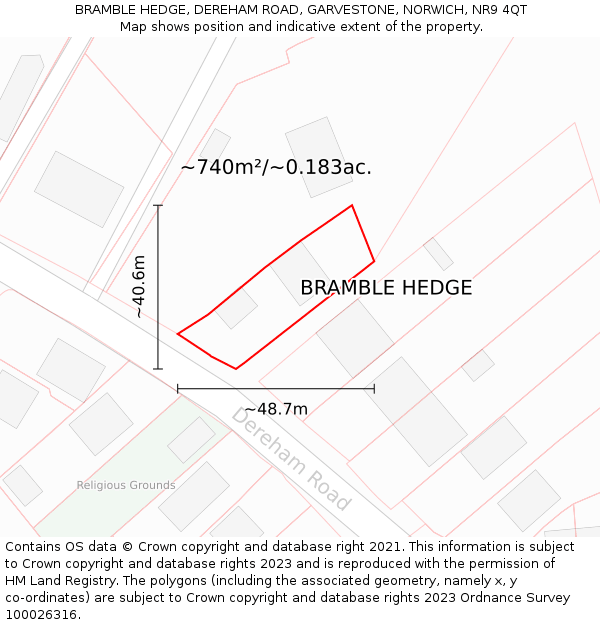 BRAMBLE HEDGE, DEREHAM ROAD, GARVESTONE, NORWICH, NR9 4QT: Plot and title map