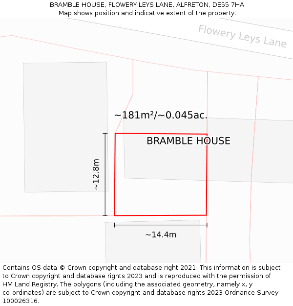 BRAMBLE HOUSE, FLOWERY LEYS LANE, ALFRETON, DE55 7HA: Plot and title map