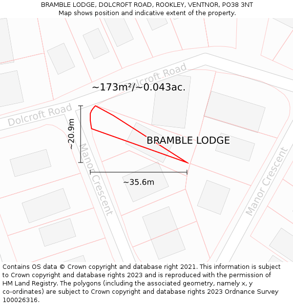 BRAMBLE LODGE, DOLCROFT ROAD, ROOKLEY, VENTNOR, PO38 3NT: Plot and title map