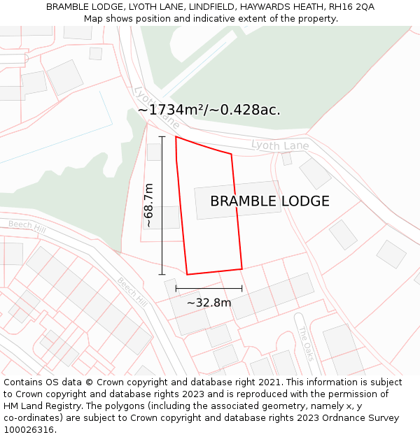 BRAMBLE LODGE, LYOTH LANE, LINDFIELD, HAYWARDS HEATH, RH16 2QA: Plot and title map