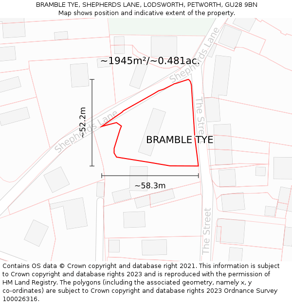 BRAMBLE TYE, SHEPHERDS LANE, LODSWORTH, PETWORTH, GU28 9BN: Plot and title map