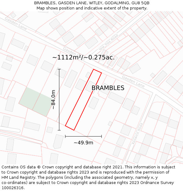 BRAMBLES, GASDEN LANE, WITLEY, GODALMING, GU8 5QB: Plot and title map