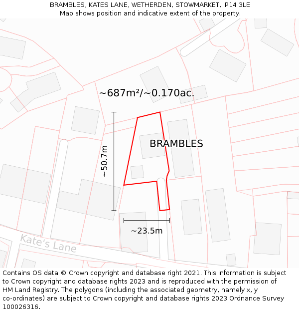 BRAMBLES, KATES LANE, WETHERDEN, STOWMARKET, IP14 3LE: Plot and title map