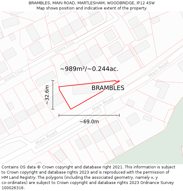BRAMBLES, MAIN ROAD, MARTLESHAM, WOODBRIDGE, IP12 4SW: Plot and title map