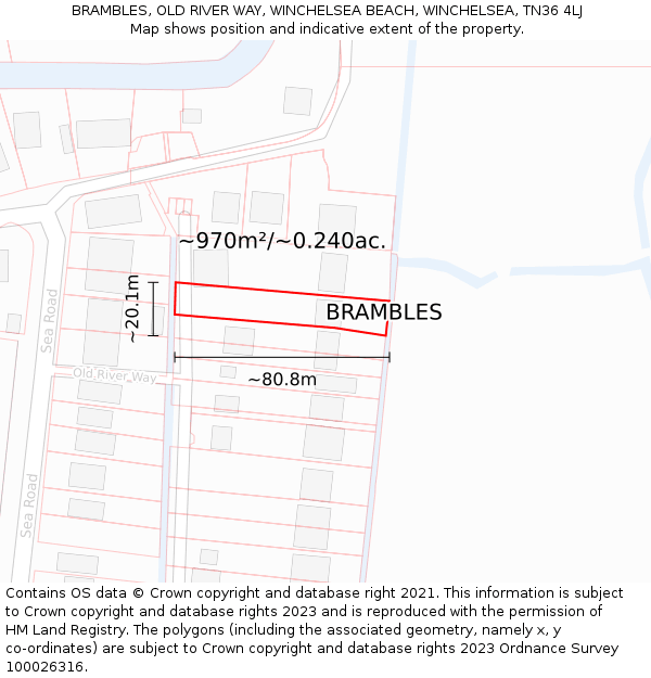 BRAMBLES, OLD RIVER WAY, WINCHELSEA BEACH, WINCHELSEA, TN36 4LJ: Plot and title map