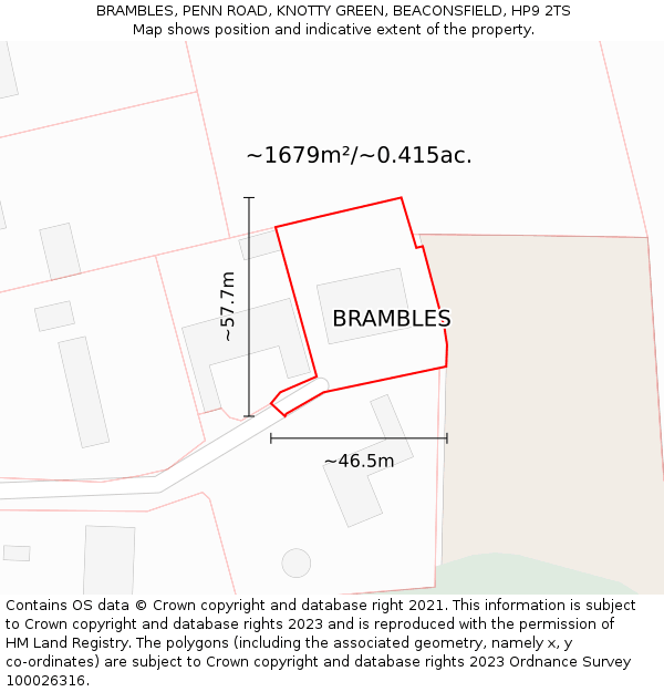 BRAMBLES, PENN ROAD, KNOTTY GREEN, BEACONSFIELD, HP9 2TS: Plot and title map