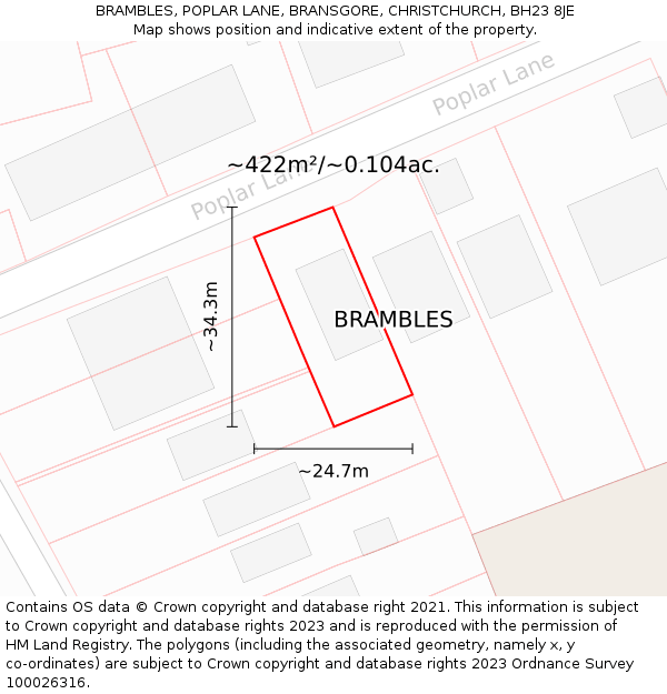 BRAMBLES, POPLAR LANE, BRANSGORE, CHRISTCHURCH, BH23 8JE: Plot and title map