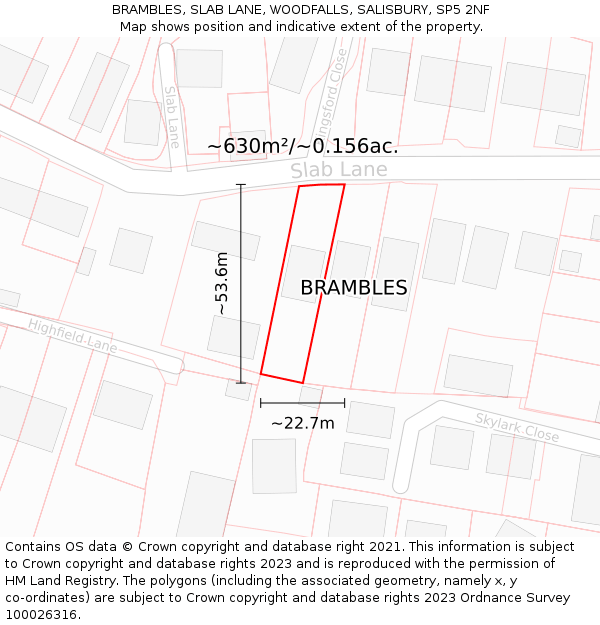 BRAMBLES, SLAB LANE, WOODFALLS, SALISBURY, SP5 2NF: Plot and title map