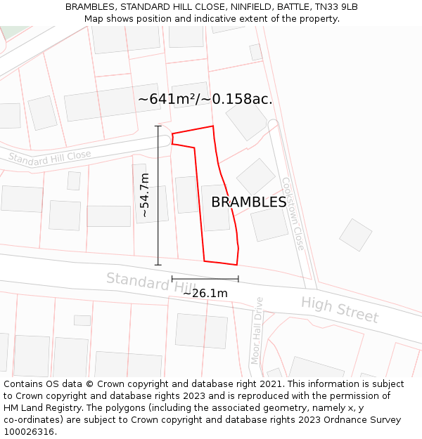 BRAMBLES, STANDARD HILL CLOSE, NINFIELD, BATTLE, TN33 9LB: Plot and title map