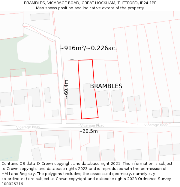 BRAMBLES, VICARAGE ROAD, GREAT HOCKHAM, THETFORD, IP24 1PE: Plot and title map