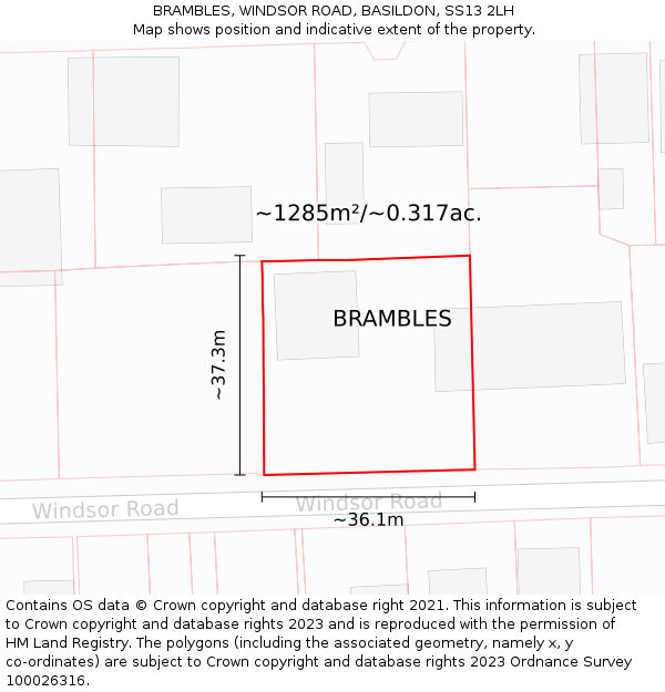 BRAMBLES, WINDSOR ROAD, BASILDON, SS13 2LH: Plot and title map