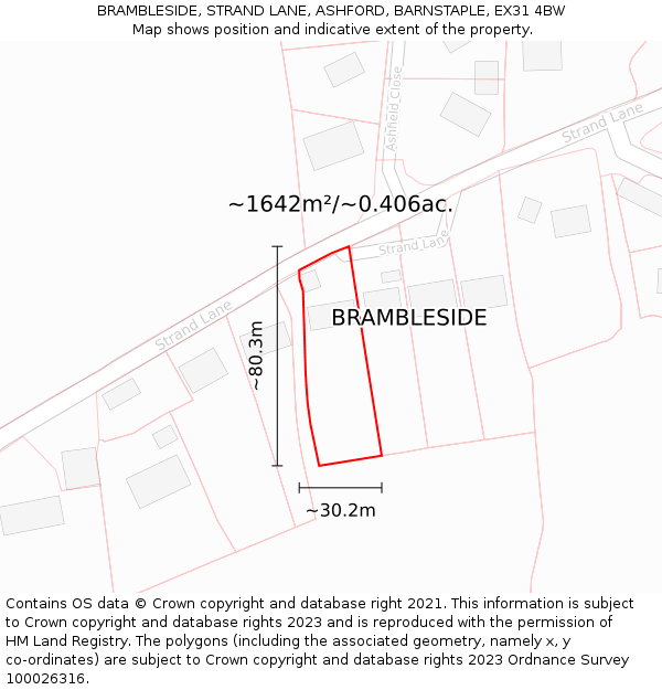 BRAMBLESIDE, STRAND LANE, ASHFORD, BARNSTAPLE, EX31 4BW: Plot and title map