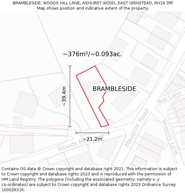 BRAMBLESIDE, WOODS HILL LANE, ASHURST WOOD, EAST GRINSTEAD, RH19 3RF: Plot and title map