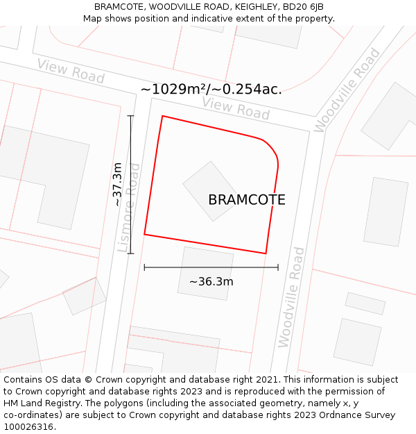 BRAMCOTE, WOODVILLE ROAD, KEIGHLEY, BD20 6JB: Plot and title map