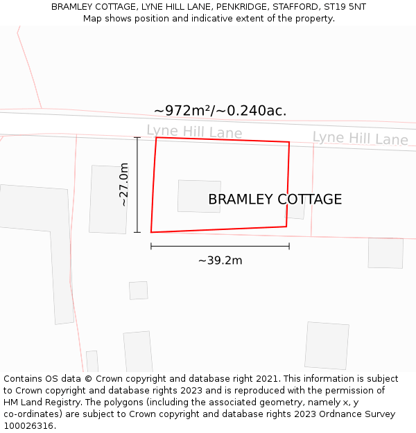 BRAMLEY COTTAGE, LYNE HILL LANE, PENKRIDGE, STAFFORD, ST19 5NT: Plot and title map