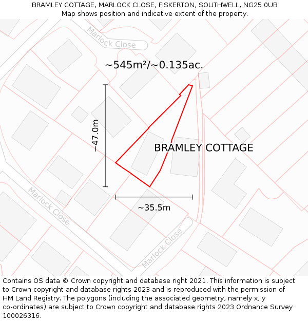 BRAMLEY COTTAGE, MARLOCK CLOSE, FISKERTON, SOUTHWELL, NG25 0UB: Plot and title map