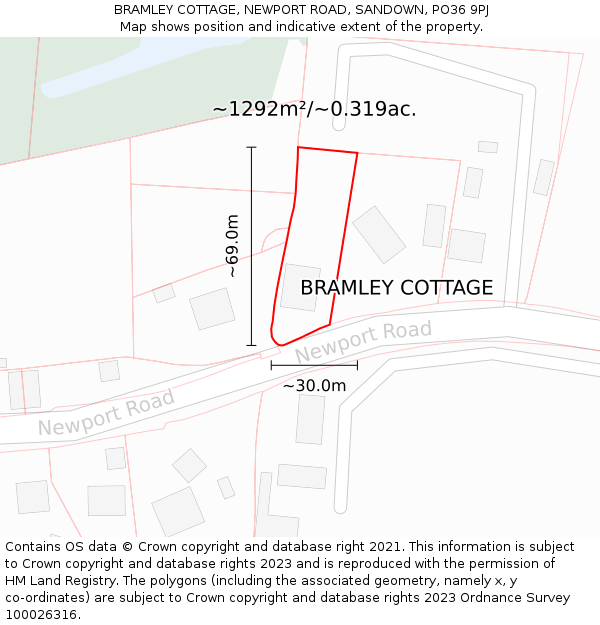 BRAMLEY COTTAGE, NEWPORT ROAD, SANDOWN, PO36 9PJ: Plot and title map