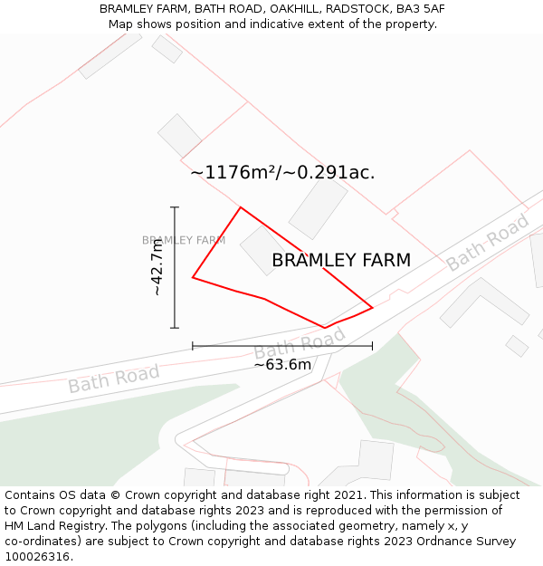 BRAMLEY FARM, BATH ROAD, OAKHILL, RADSTOCK, BA3 5AF: Plot and title map