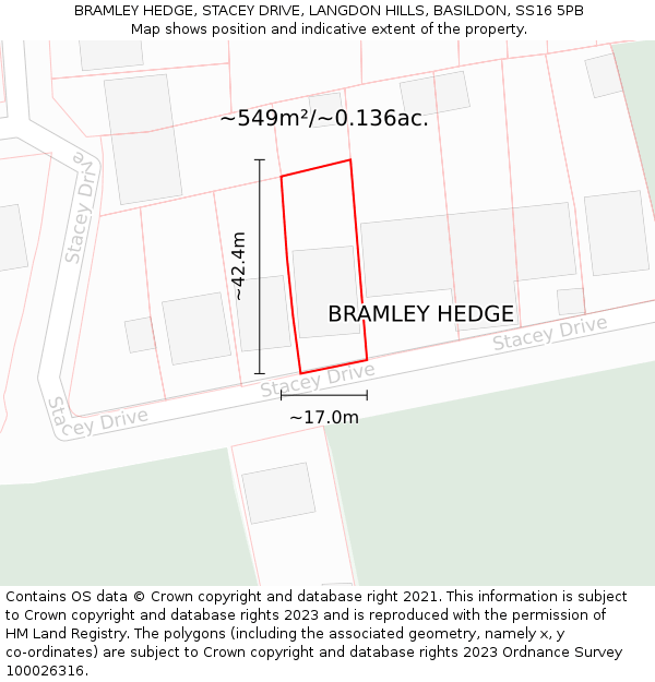 BRAMLEY HEDGE, STACEY DRIVE, LANGDON HILLS, BASILDON, SS16 5PB: Plot and title map