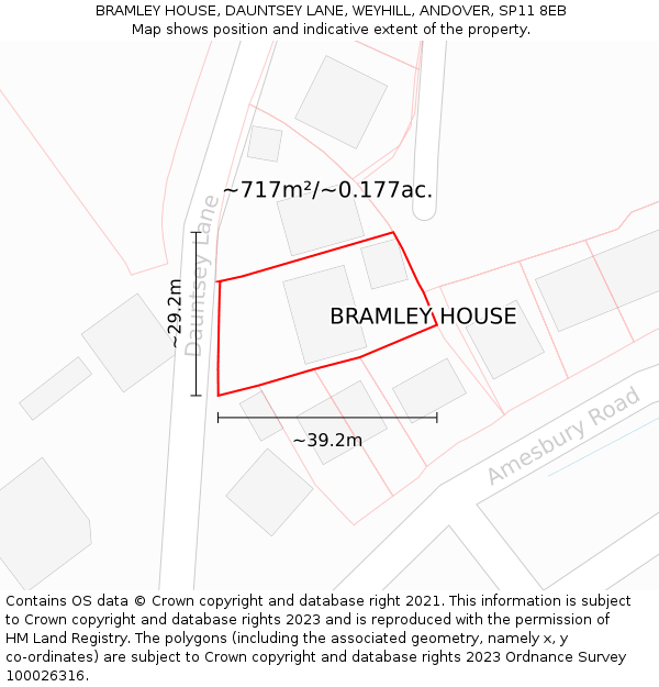 BRAMLEY HOUSE, DAUNTSEY LANE, WEYHILL, ANDOVER, SP11 8EB: Plot and title map