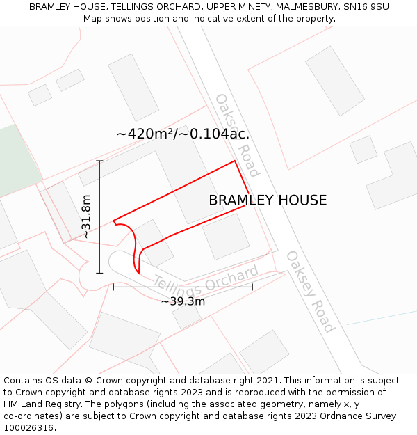 BRAMLEY HOUSE, TELLINGS ORCHARD, UPPER MINETY, MALMESBURY, SN16 9SU: Plot and title map