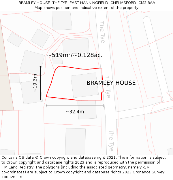 BRAMLEY HOUSE, THE TYE, EAST HANNINGFIELD, CHELMSFORD, CM3 8AA: Plot and title map