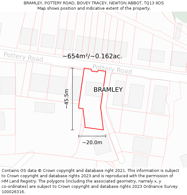 BRAMLEY, POTTERY ROAD, BOVEY TRACEY, NEWTON ABBOT, TQ13 9DS: Plot and title map