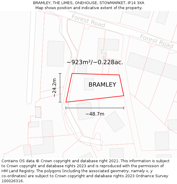 BRAMLEY, THE LIMES, ONEHOUSE, STOWMARKET, IP14 3XA: Plot and title map