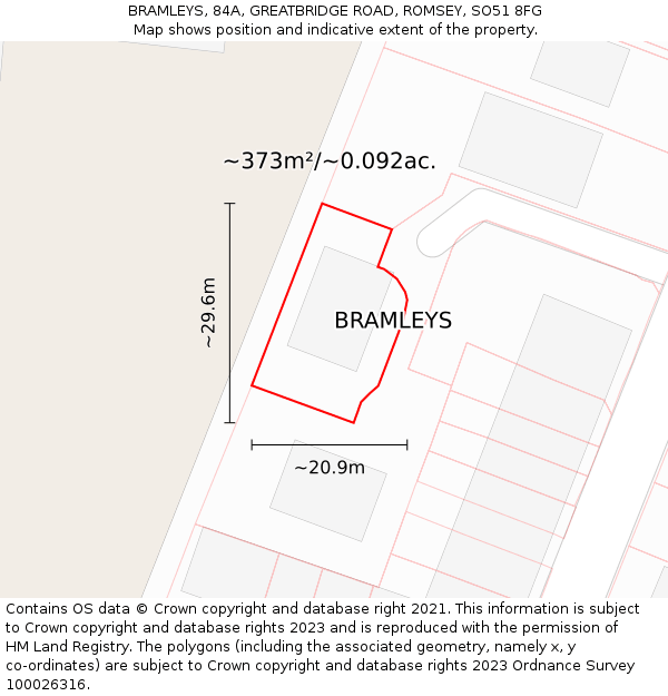 BRAMLEYS, 84A, GREATBRIDGE ROAD, ROMSEY, SO51 8FG: Plot and title map