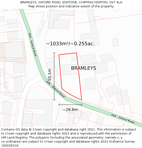 BRAMLEYS, OXFORD ROAD, ENSTONE, CHIPPING NORTON, OX7 4LG: Plot and title map