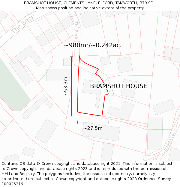 BRAMSHOT HOUSE, CLEMENTS LANE, ELFORD, TAMWORTH, B79 9DH: Plot and title map