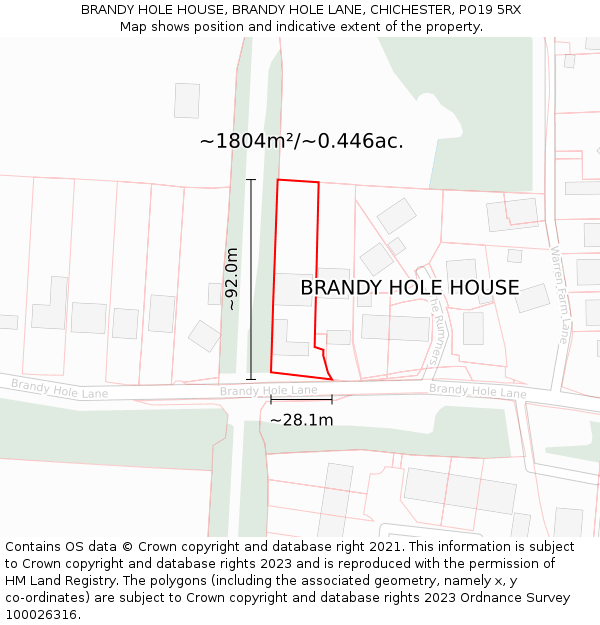 BRANDY HOLE HOUSE, BRANDY HOLE LANE, CHICHESTER, PO19 5RX: Plot and title map