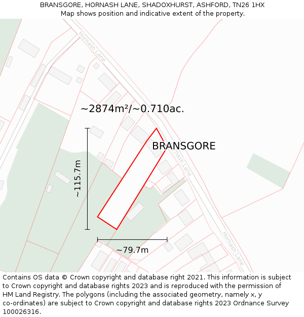 BRANSGORE, HORNASH LANE, SHADOXHURST, ASHFORD, TN26 1HX: Plot and title map