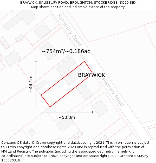 BRAYWICK, SALISBURY ROAD, BROUGHTON, STOCKBRIDGE, SO20 8BX: Plot and title map