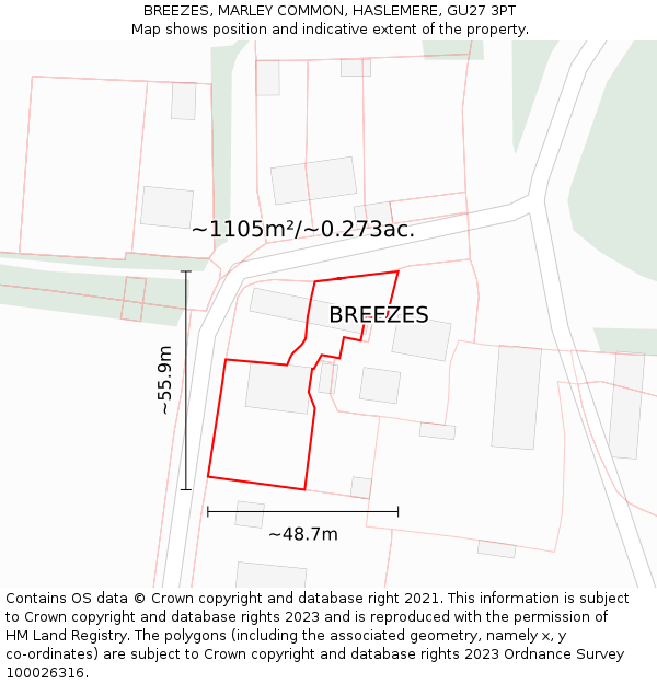 BREEZES, MARLEY COMMON, HASLEMERE, GU27 3PT: Plot and title map