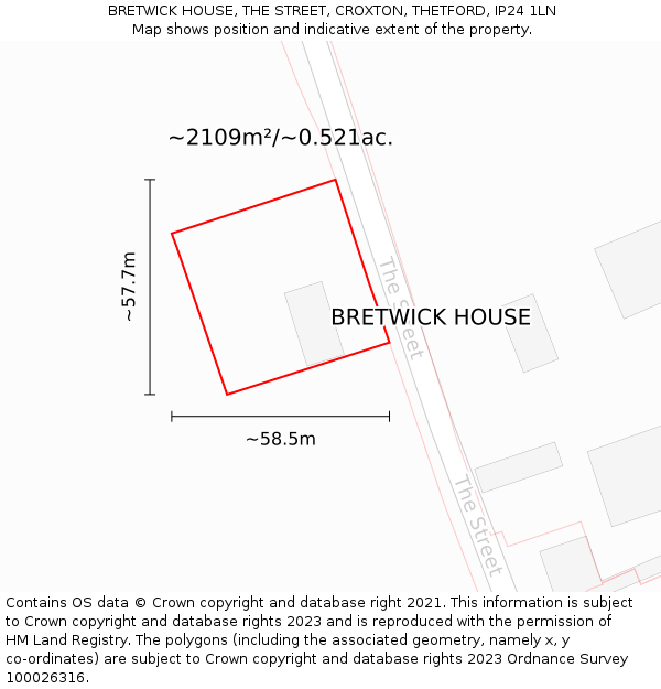 BRETWICK HOUSE, THE STREET, CROXTON, THETFORD, IP24 1LN: Plot and title map