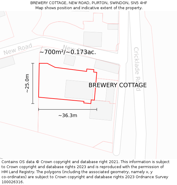 BREWERY COTTAGE, NEW ROAD, PURTON, SWINDON, SN5 4HF: Plot and title map